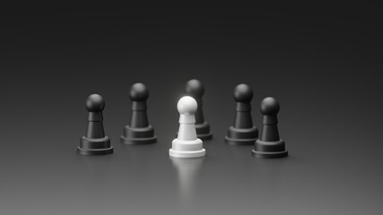 Standing White Pawn in front of black pawn group with dark background. 3D illustration of one against everyone