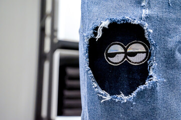Arts and decoration blue jean by paint pull thread in department store Thailand.