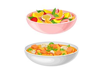 Nutritious tasty dishes served on plates set. Fruit salad, fish stewed with vegetables and mushrooms cartoon vector illustration