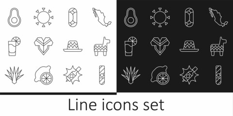 Set line Cigar, Pinata, Burrito, Poncho, Tequila glass with lemon, Avocado fruit, Mexican sombrero and Sun icon. Vector