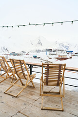 Deserted veranda for relaxing restaurant in ski resort in winter