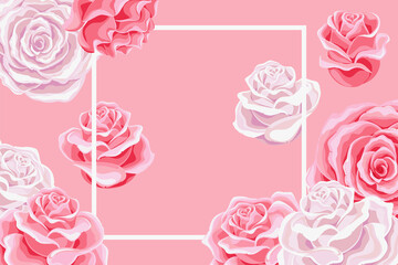Wonderland card. Beautiful pink and white roses on pink background. Frame with a place for text. vector illustration, greeting card , invitation, banner