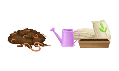 Organic fertilizers for gardening, farming and agriculture industry set. Humus and bag of mineral fertilizers vector illustration