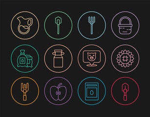 Set line Shovel, Sunflower, Garden pitchfork, Can container milk, Pack full of seeds of plant, Jug glass with, Pig and icon. Vector