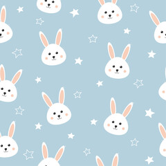 Seamless pattern with cute bunny and stars. Lovely rabbit on blue background. Background for baby shower, wall art, fabric, textile and invitation. 