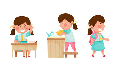 Cute girl daily routine activities set. Kid studying at school, washing dishes cartoon vector illustration