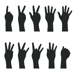 Hand gesture symbols set. Counting by bending fingers. Hands icons with finger count. Signs human hands. Silhouettes hands. Vector illustration