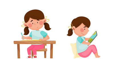 Cute girl daily routine activities set. Child doing her homework and sitting with tablet cartoon vector illustration