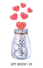 Postcard watercolor key and padlock in heart shape