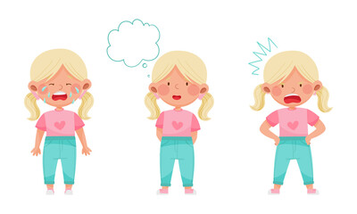 Adorable blonde girl showing different emotions set. Cute kid with unhappy, puzzled and angry face expression cartoon vector illustration