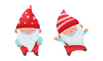 Set of Christmas gnomes. Cute funny cheerful bearded gnome character in red cap cartoon vector illustration