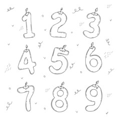 Fototapeta premium Doodle candles form figures in the style of linear art on a white background. Party decoration. Birthday. Holiday. Vector