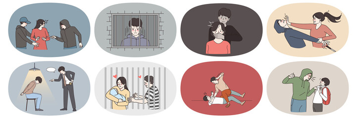 Set of criminal threaten victim show violence and abusive behavior. Convicted thief or bandit arrested for misdemeanor or crime, sit in jail or prison. Law and order. Flat vector illustration. 