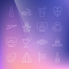 Set line Tabasco sauce, Mexican sombrero, Beans, Cactus or succulent in pot, man, Vintage pistols, and icon. Vector