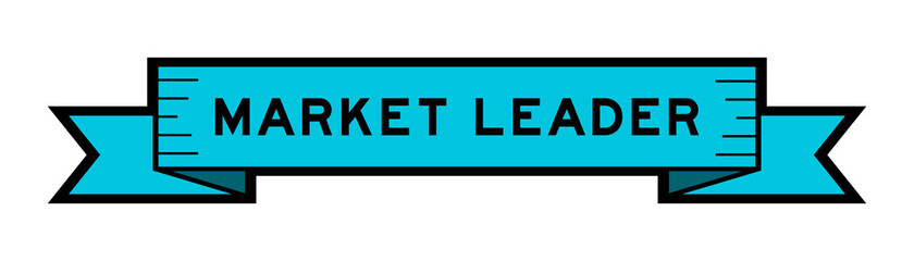 Ribbon label banner with word market leader in blue color on white background
