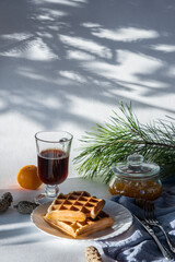 winter good breakfast in the morning Viennese waffles coffee cappuccino