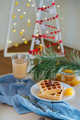 winter good breakfast in the morning Viennese waffles coffee cappuccino