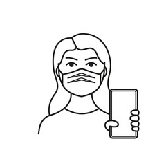 Woman in face mask. Lined icon of woman with mask and QR-code. QR-code in smartphone. Simple icon with face mask. Vector illustration 