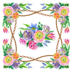 Floral pattern with chains for a scarf or other designs, watercolor illustration, print on a white background, isolated.