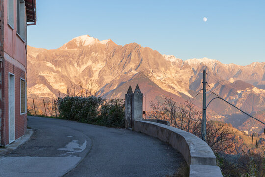 Apuan Alps with marble quarries viewed from Fontia, Carrara; the Apuan Alps (Alpi Apuane in Italian) are a mountain range in northern Tuscany in Italy, known for its Carrara Marble