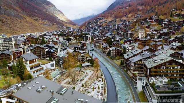 Aerial view of Zermatt in Switzerland in winter.