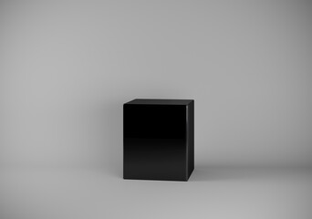 3D illustration and rendering concept backdrop of a studio shooting set up of monochrome grey background and a black cube pedestal. 