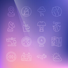 Set line Sun and cloud weather, World travel map, Globe with flying plane, Storm, Airplane seat, Radar, Location and Parachute icon. Vector
