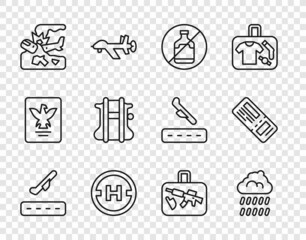 Set line Plane takeoff, Cloud with rain, No alcohol, Helicopter landing pad, crash, Parachute, Suitcase and Airline ticket icon. Vector