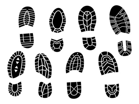Set of footprints of shoes. Collection of sole mark  from human shoes. Hiking trace. Vector illustration of step on white background. 