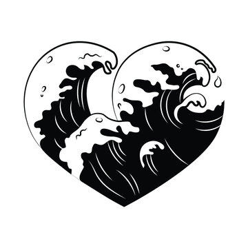 Illustration of hearts with ocean waves. Symbol love. Design element for valentine card. Tattoo. Surf lover. Summer vacation on waves. 