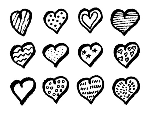 Set of hand drawn black heart shapes. Isolated on white. Vector illustration