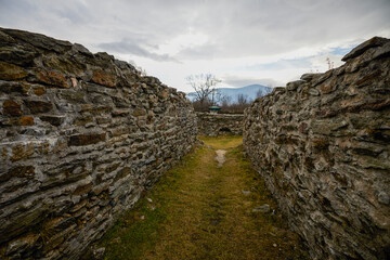 Hunedoara, Romania, January 08-2022. The ruins of the fortress Ulpia Traiana Sarmizegetusa, the Roman fortress of the years. 108-110.