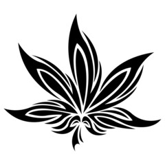 Cannabis leaf, marijuana black silhouette drawn with different lines in a flat style on a white isolated background. Design suitable for tattoo, logo, sticker, banner, poster, medicine. Vector isolate