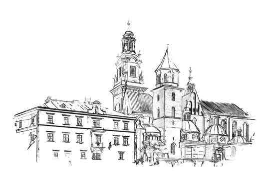 Wawel Royal Castle complex in Krakow, Poland, the most historically and culturally important site in Poland, sketch illustration.