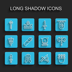 Set line Sword for game, Medieval helmet, Magic wand, with blood, Quiver arrows, Bottle potion, poleaxe and ball icon. Vector