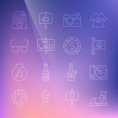 Set line Sneakers, Vinyl player, Flag peace, Photo camera, No war, Glasses, Hippie girl and Yin Yang symbol icon. Vector