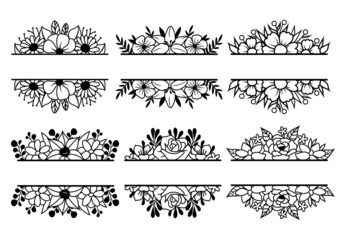 Set of floral banner. Collection of flowers and branches in a frame. Blooming logo. Natural spring card or frame. Vector illustration on white background.