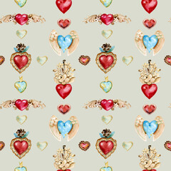 Fototapeta na wymiar Watercolor seamless pattern. Watercolor Vintage Jewelry Hearts Clipart. Valentines Day cards Wedding templates. Hand Painted. Antique clipart. Rubin heart. Scrapbooking