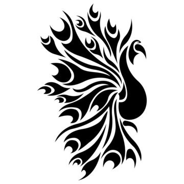 Bird silhouette Firebird, peacock tattoo inked in black, drawn in different lines. Phoenix bird logo, emblem for company design, clothes, dishes, scrapbook, paper. Vector isolated illustration