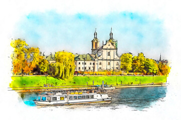 Tourist boat on the Vistula river and Basilica of St. Michael the Archangel in the background, watercolor sketch illustration, digital art.