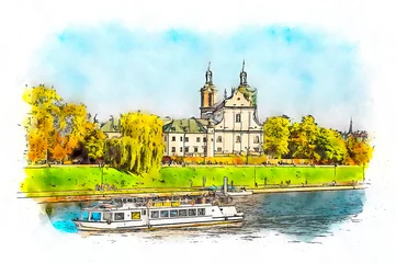 Deurstickers Tourist boat on the Vistula river and Basilica of St. Michael the Archangel in the background, watercolor sketch illustration, digital art. © Plamen Petrov