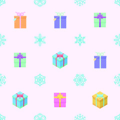 Seamless Pattern Abstract Elements Winter Happy New Year Christmas Gifts With Snowflakes Vector Design Style Background Illustration Texture For Prints Textiles, Clothing, Gift Wrap, Wallpaper, Pastel
