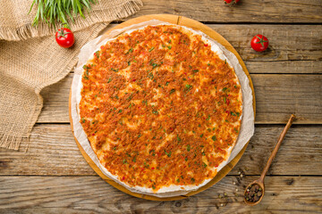 lahmajun with meat on wooden table top view
