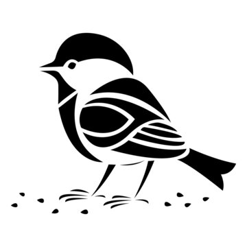 Bird tit, sparrow silhouette in black surrounded by seeds. Drawn in a flat style. Suitable for tattoo, exotic bird logo, fashion design, emblem, sticker, album, paper, banner, print. Isolated vector