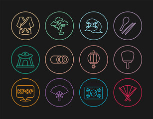 Set line Traditional fan, Korean hand, South flag, Sushi, temple, Kimono, lantern and Bonsai tree icon. Vector