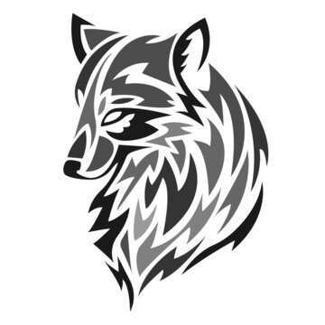 The silhouette, the contour of the muzzle of the wolf in gray on a white background are drawn with different lines. Animal wolf head logo. Vector isolated illustration
