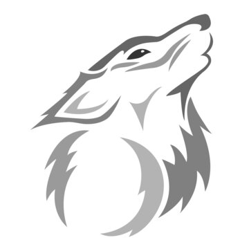 The silhouette, the contour of the muzzle of a howling wolf in gray on a white background are drawn with various lines. Animal wolf head logo. Vector isolated illustration