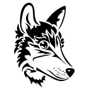 The silhouette, the contour of the muzzle of the wolf in black on a white background are drawn with various lines. Animal wolf head logo. Vector isolated illustration