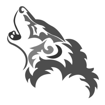 The silhouette, the contour of the muzzle of a howling wolf in gray on a white background are drawn with various lines. Animal wolf head logo. Vector isolated illustration