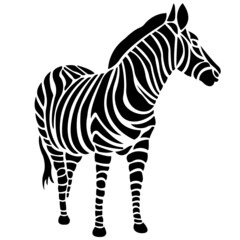 Fototapeta na wymiar Silhouette, outline of a zebra painted in black, drawn with stripes. Design for a logo, tattoo, mascot, keychain, emblem, nature reserve, advertising of pet products. Vector isolated illustration